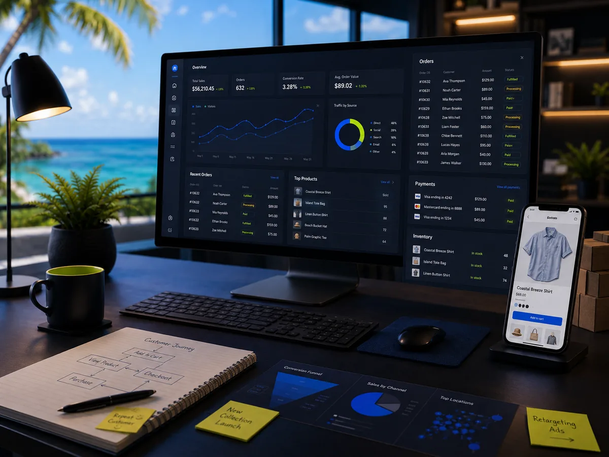 eCommerce dashboard showing online orders, payments and inventory