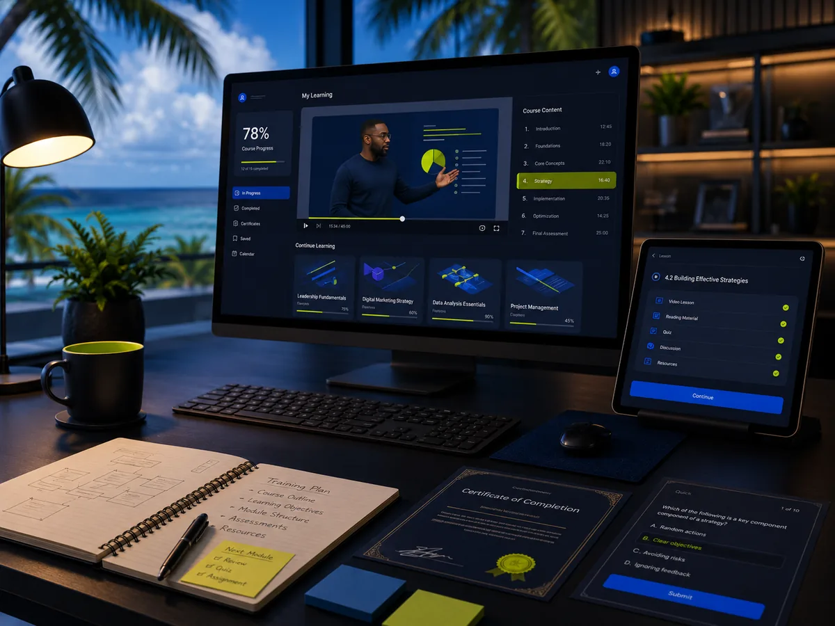 Learning management system dashboard showing courses, quizzes and progress