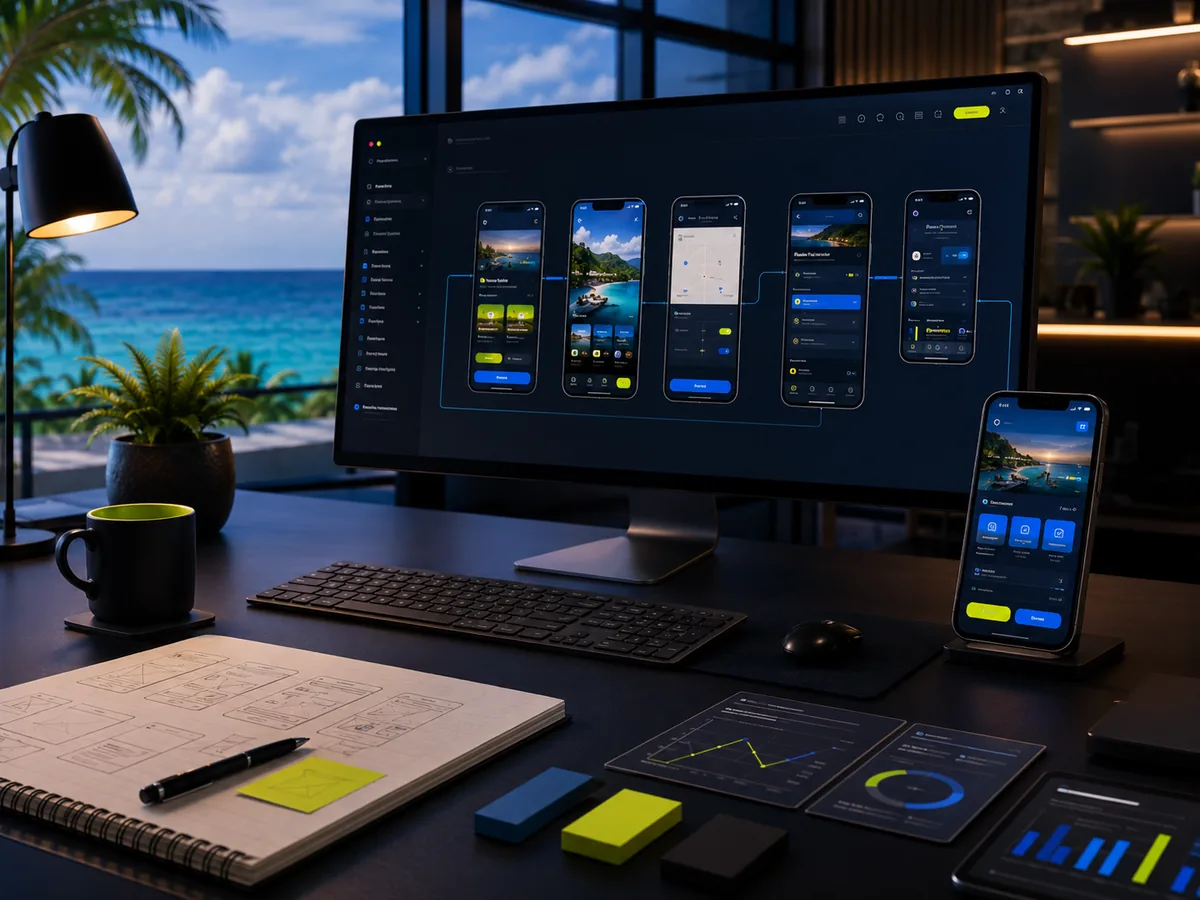 Mobile app development workspace showing app prototype screens