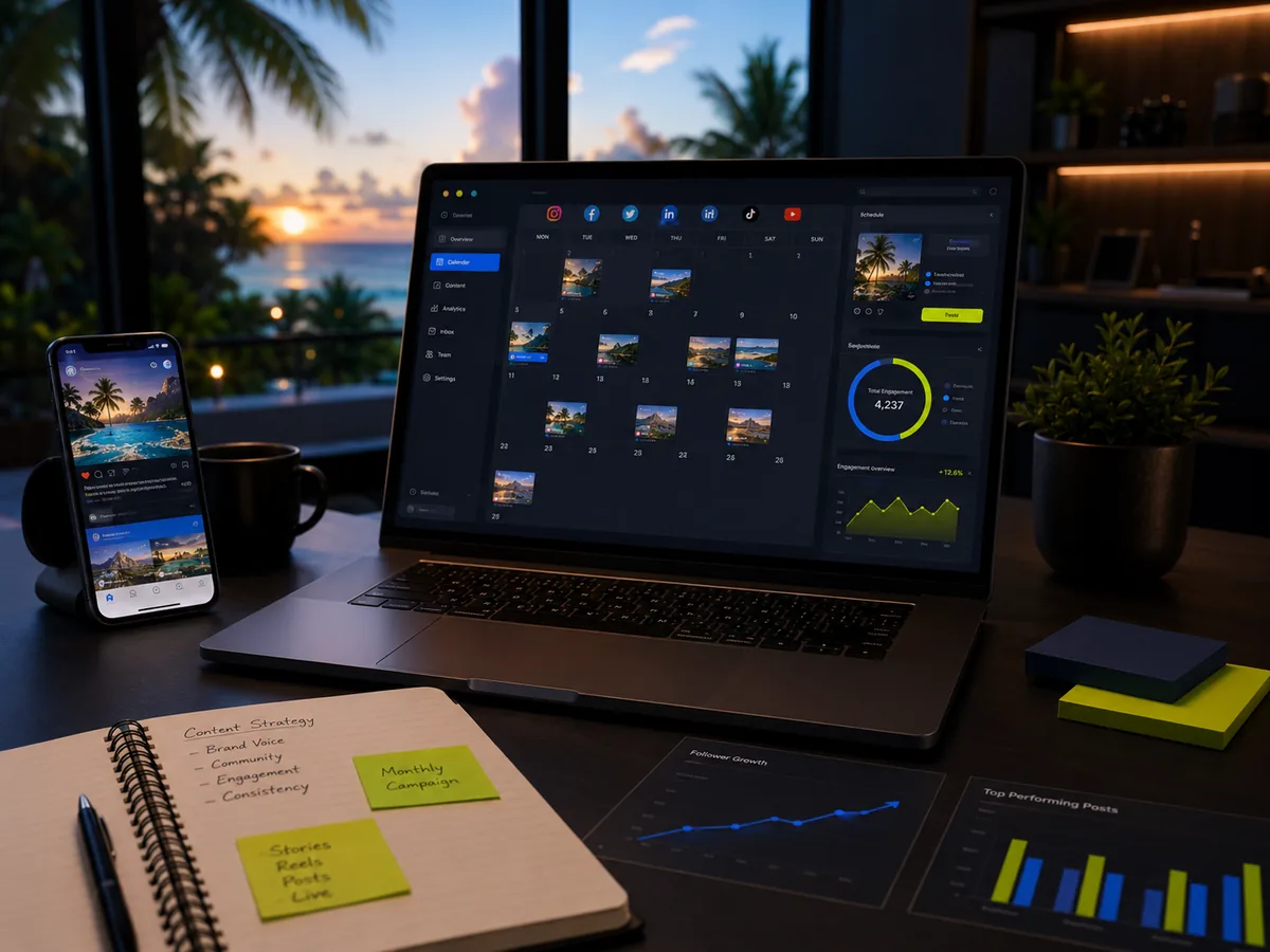 Social media management dashboard with content calendar and analytics