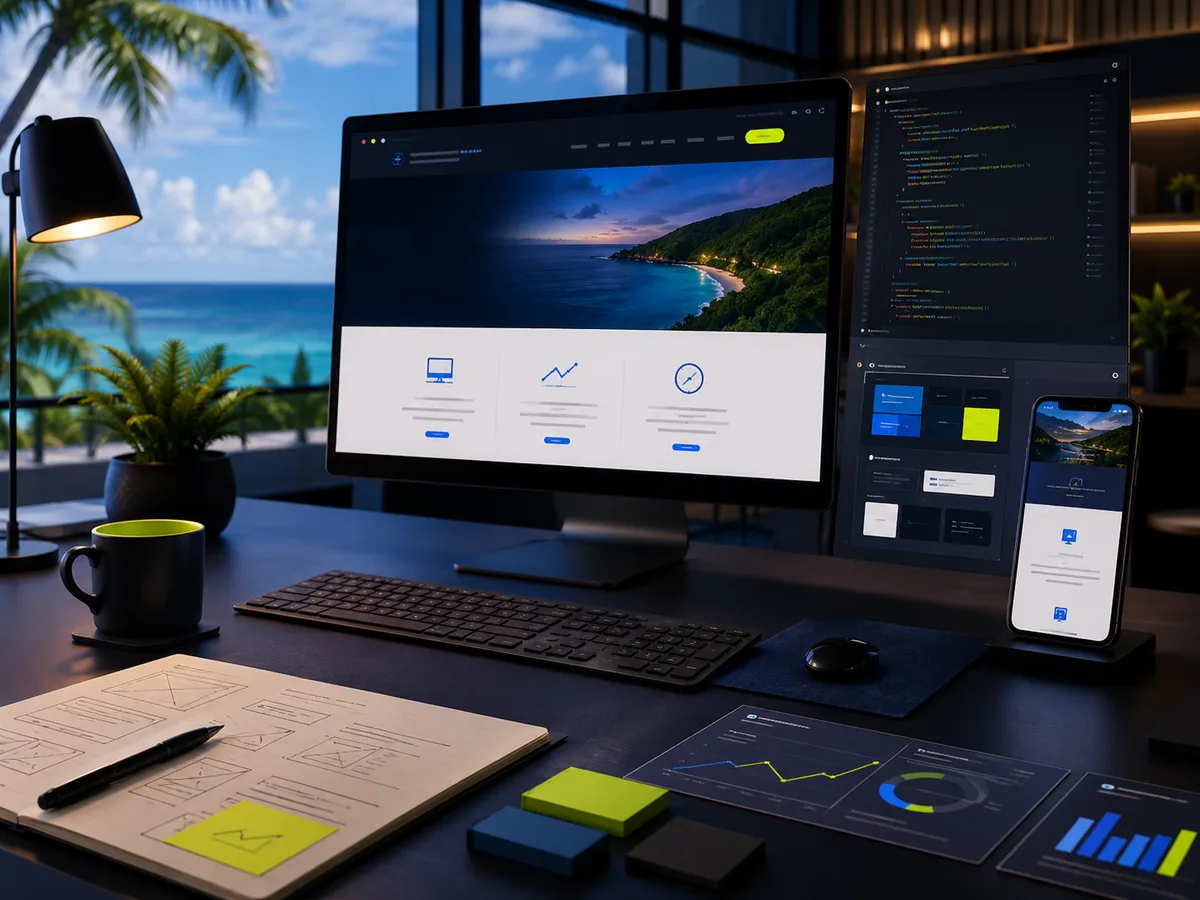Website development workspace showing responsive website design and code