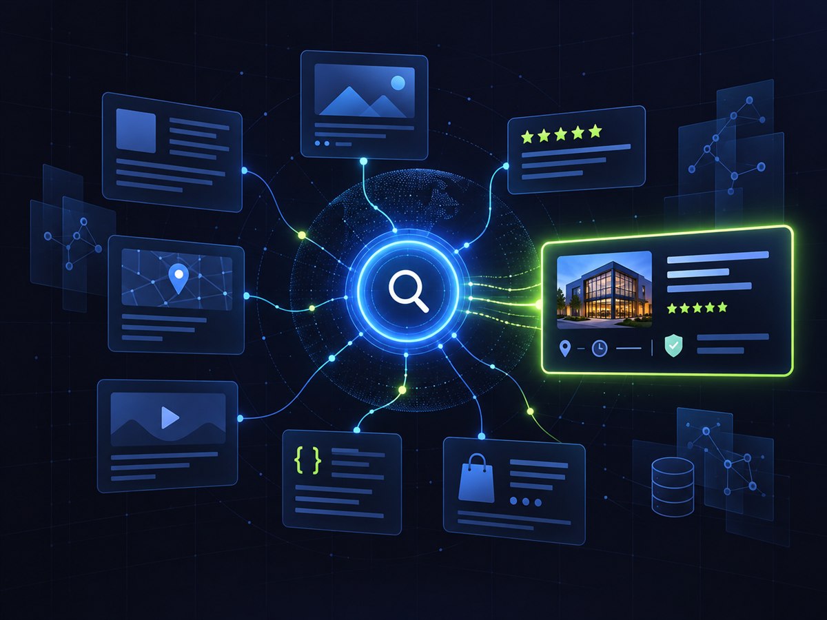 AI search optimization network connecting structured business information with answer engines