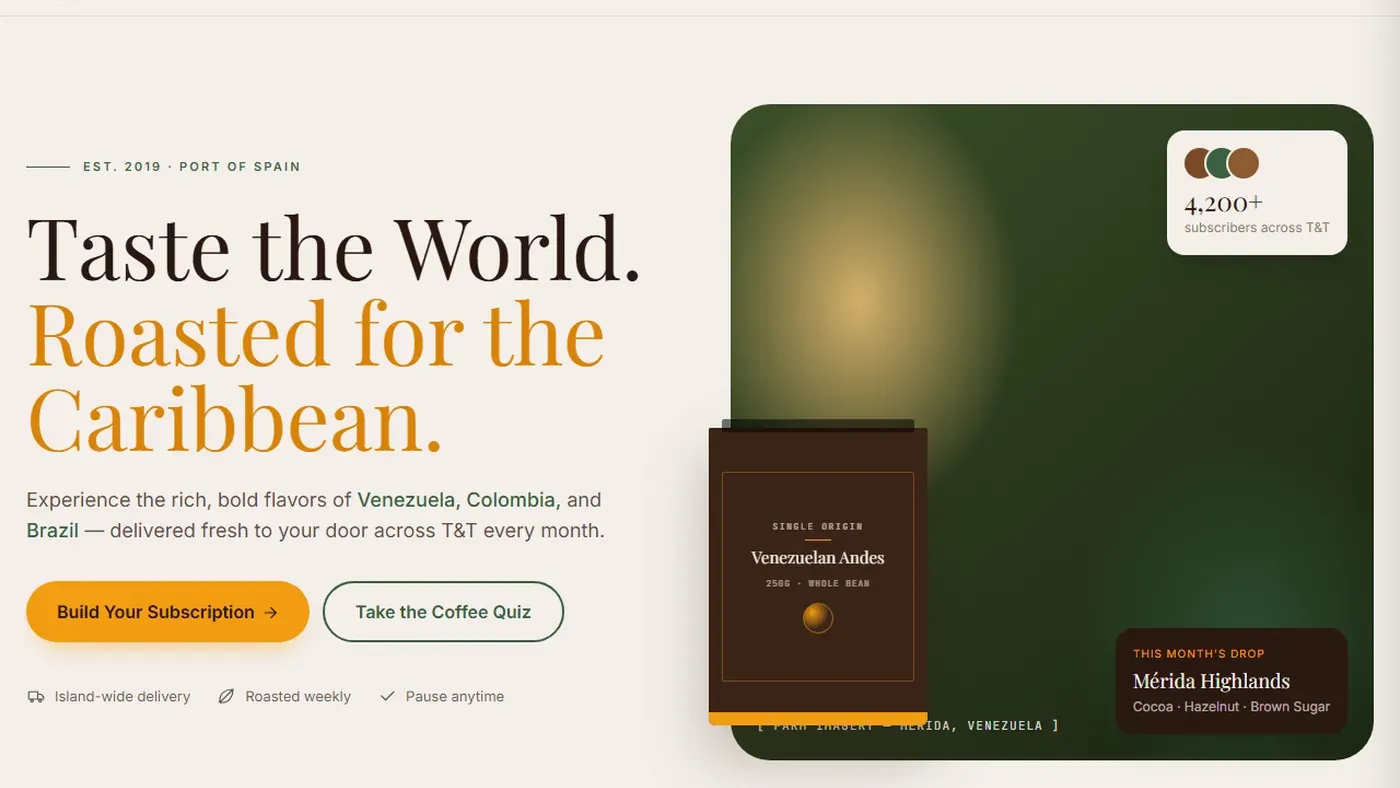 Tradewinds Coffee website prototype displayed on desktop