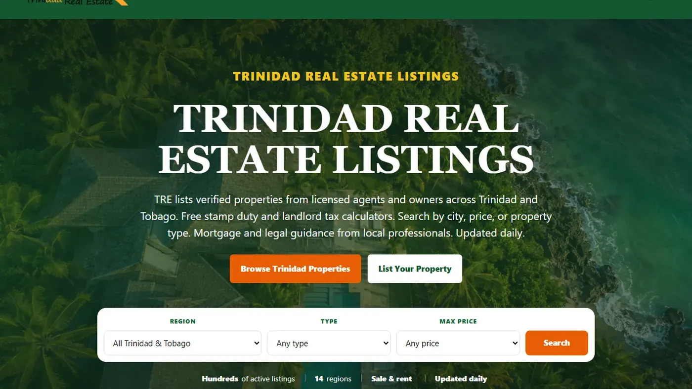TrinidadRealEstate.co.tt property search website displayed on desktop