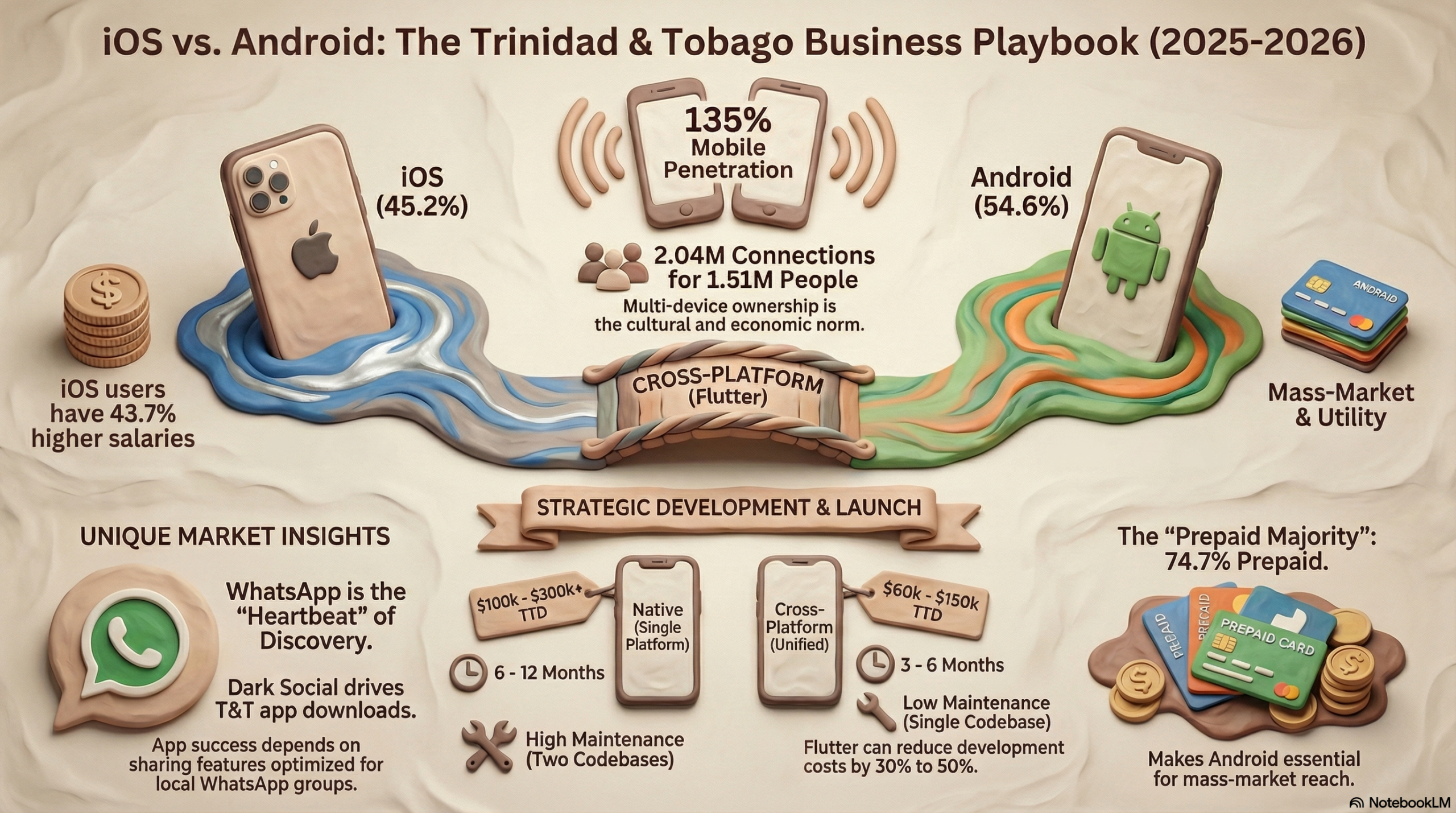Infographic comparing iOS 45.2 percent vs Android 54.6 percent mobile market share in Trinidad and Tobago 2025-2026 showing cross-platform Flutter development costs WhatsApp dark social marketing and 135 percent mobile penetration rate
