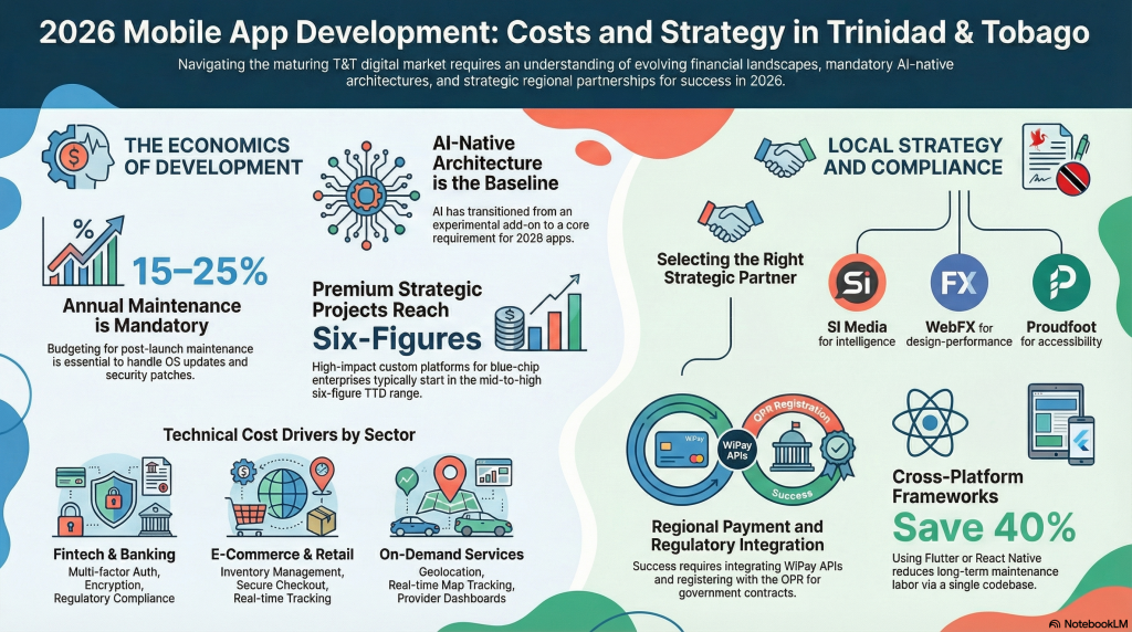 Infographic showing 2026 mobile app development cost breakdown in Trinidad TTD for basic, professional, and enterprise tiers