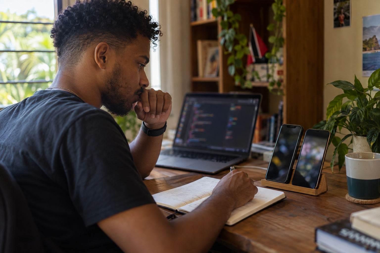 Trinidad app developer comparing Flutter and React Native code on a laptop with two test phones on the desk