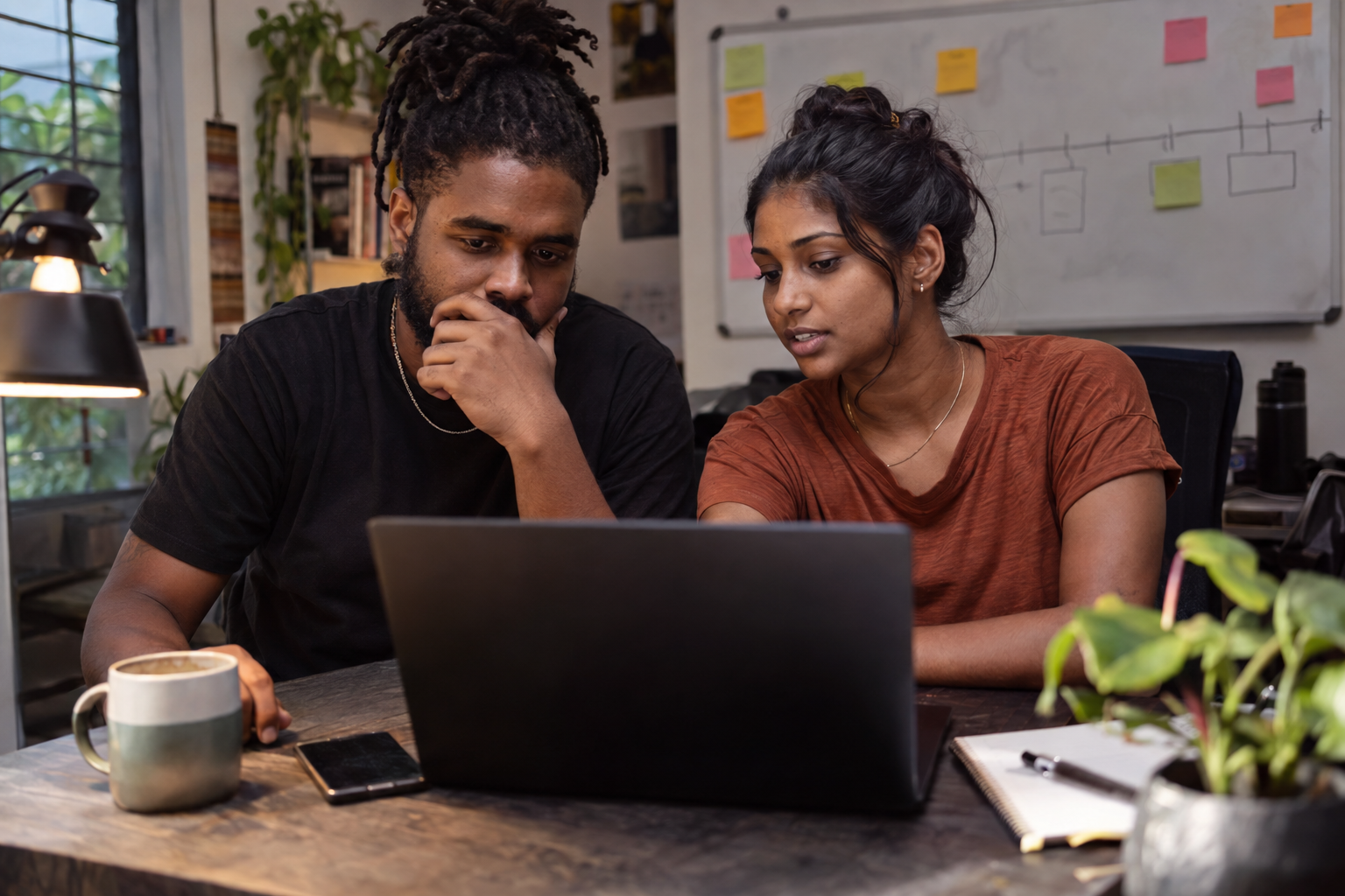 Two Trinidad app developers reviewing a project timeline on a laptop with a sprint planning whiteboard behind them