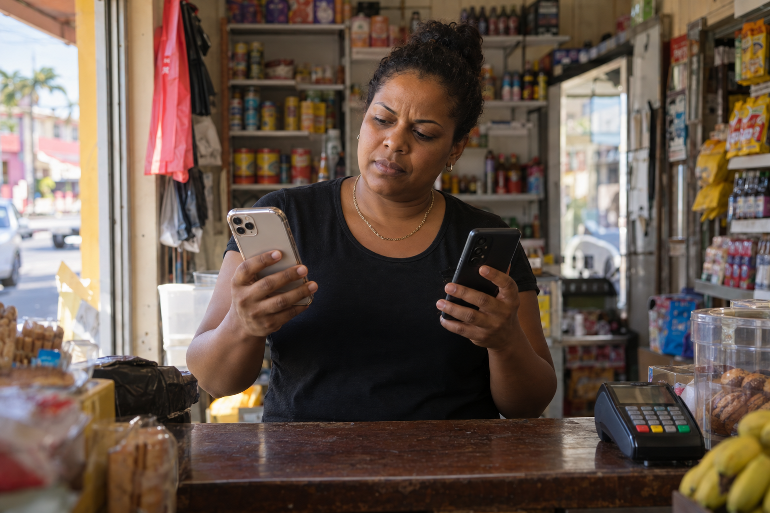 Trinidad shop owner comparing an iPhone and an Android phone at the counter of a small retail store