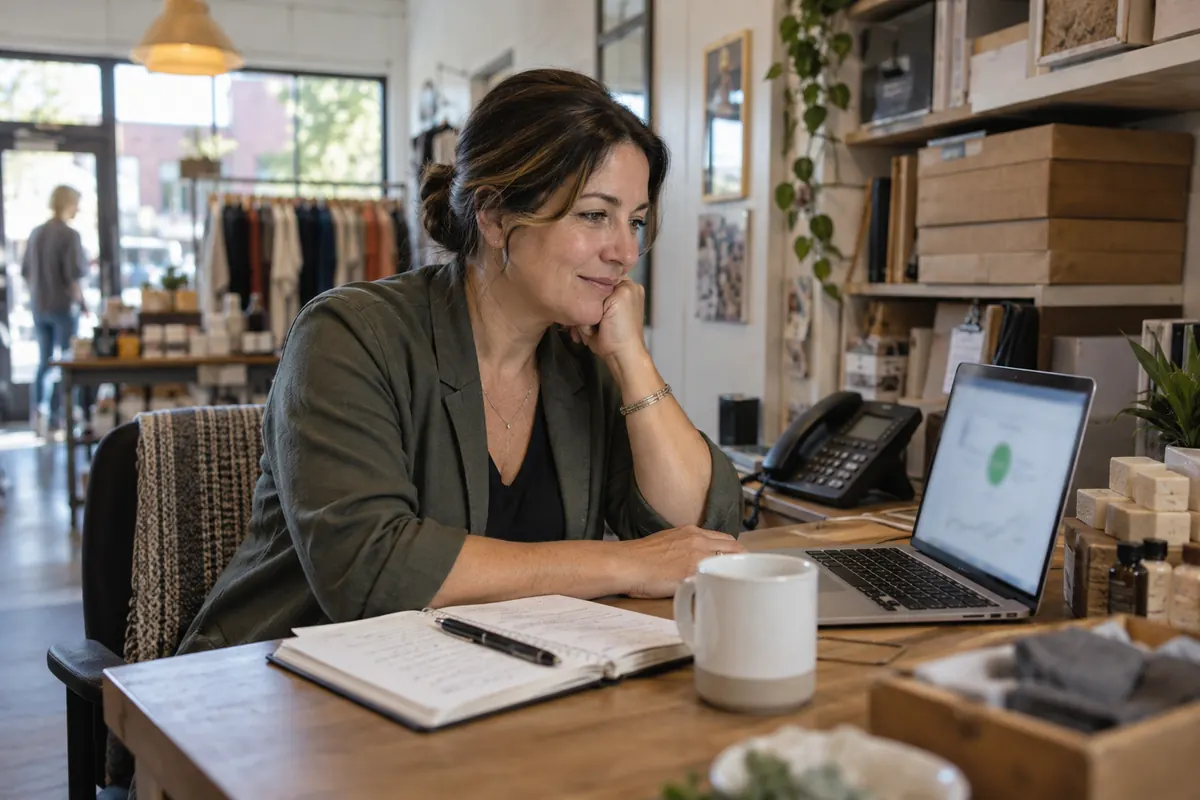 Small business owner monitoring her website care plan dashboard on a laptop in her shop