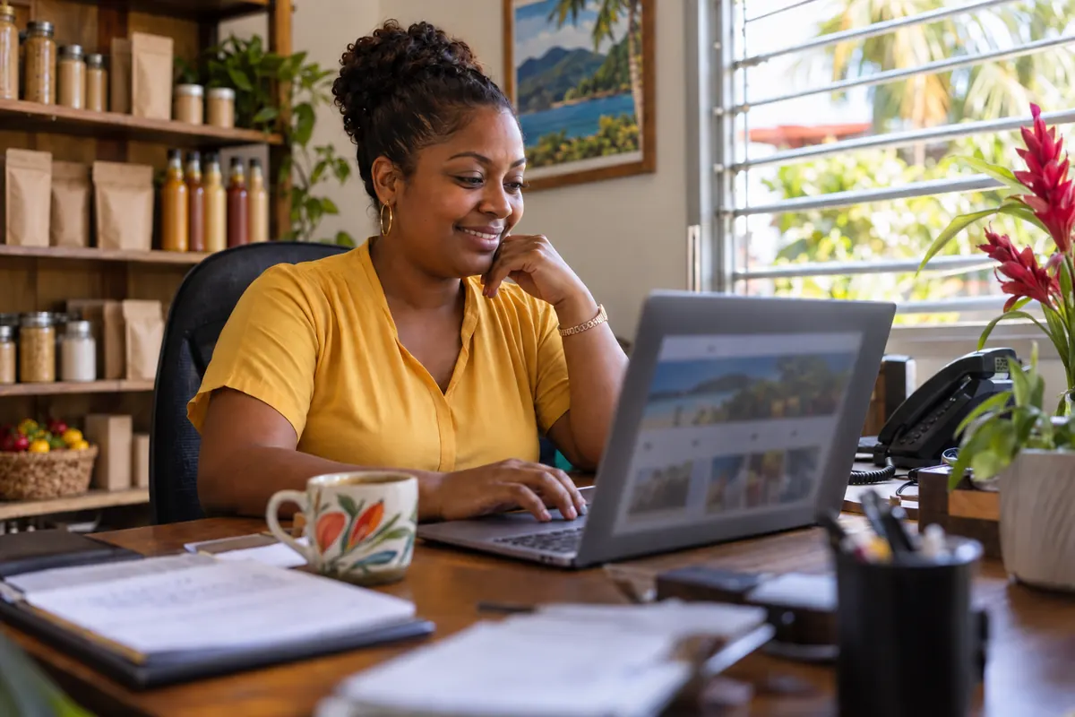 Trinidad small business owner reviewing her new website on a laptop in her shop office
